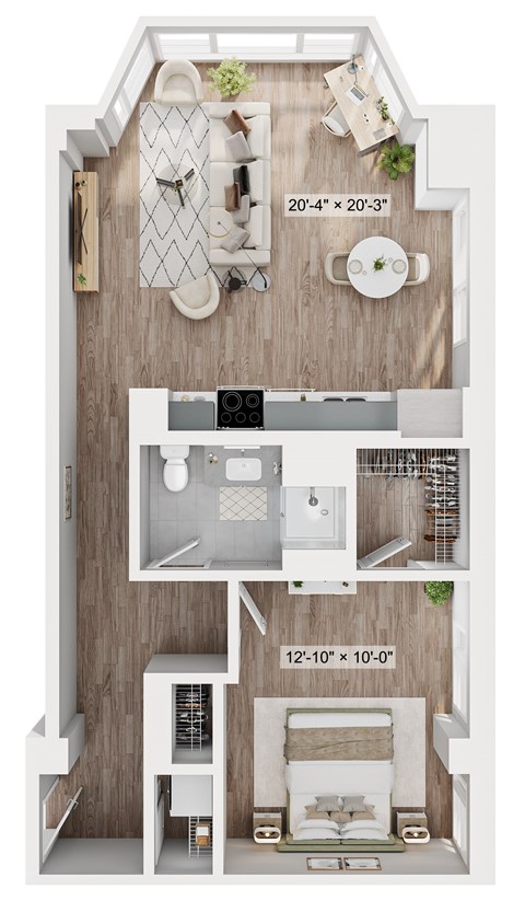 Floor plan for 1 bed, 1 bath, 869 sqft